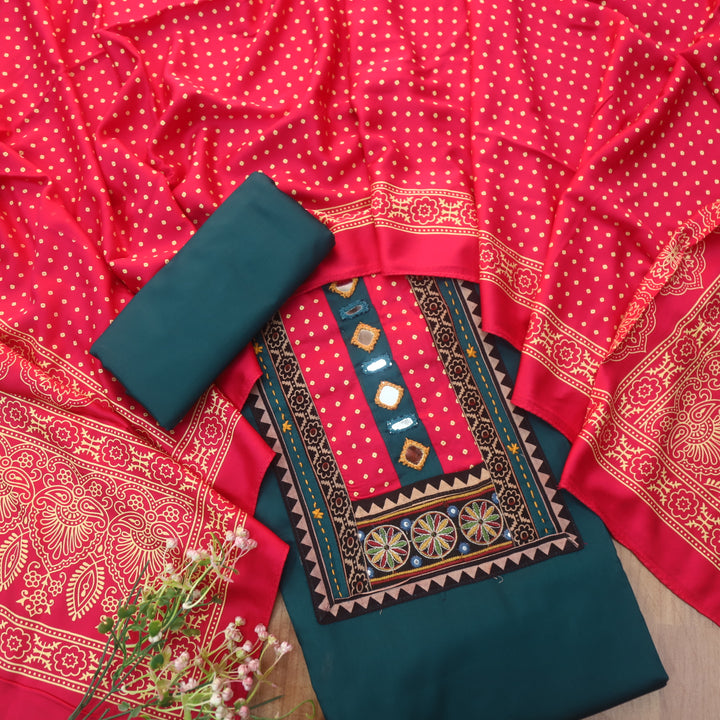 Farnaz Castleton Teal Mirror with Embroidered Patch on Neck Glazed Cotton Suit Set