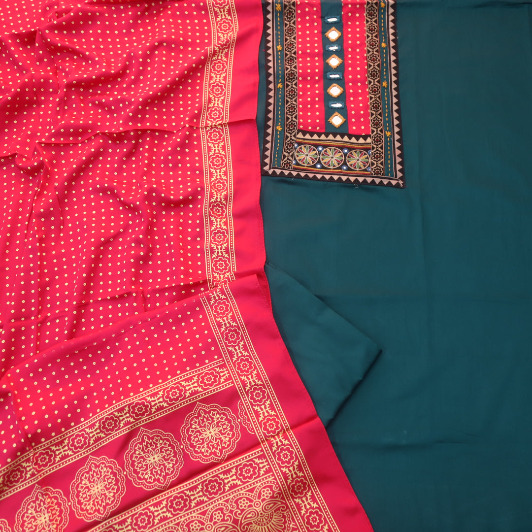 Farnaz Castleton Teal Mirror with Embroidered Patch on Neck Glazed Cotton Suit Set