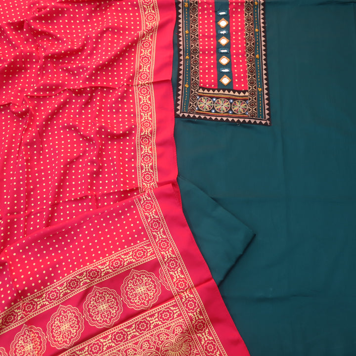 Farnaz Castleton Teal Mirror with Embroidered Patch on Neck Glazed Cotton Suit Set