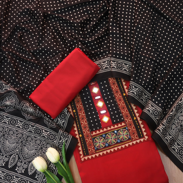 Farnaz Berry Red Mirror with Embroidered Patch on Neck Glazed Cotton Suit Set