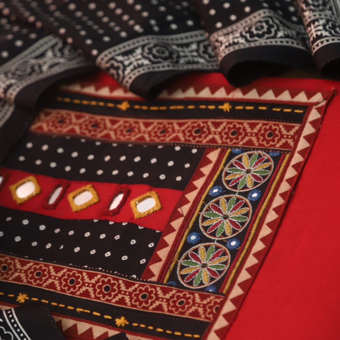 Farnaz Berry Red Mirror with Embroidered Patch on Neck Glazed Cotton Suit Set