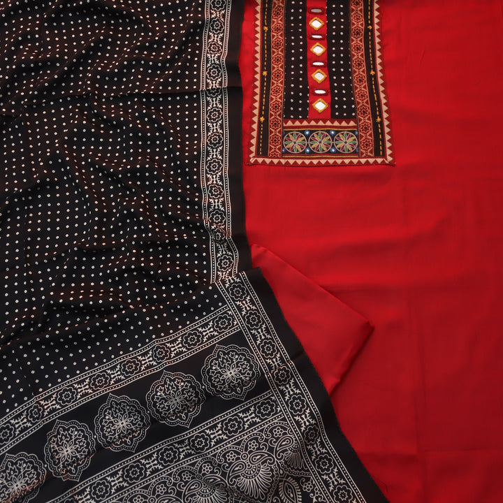 Farnaz Berry Red Mirror with Embroidered Patch on Neck Glazed Cotton Suit Set
