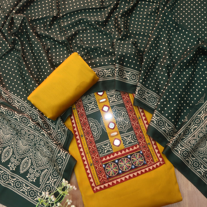 Farnaz Canary Yellow Mirror with Embroidered Patch on Neck Glazed Cotton Suit Set