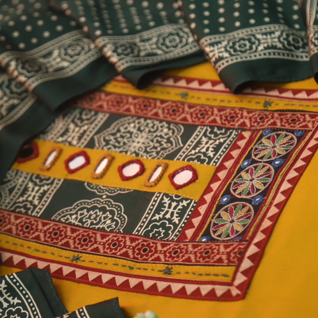 Farnaz Canary Yellow Mirror with Embroidered Patch on Neck Glazed Cotton Suit Set