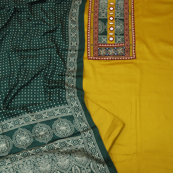 Farnaz Canary Yellow Mirror with Embroidered Patch on Neck Glazed Cotton Suit Set