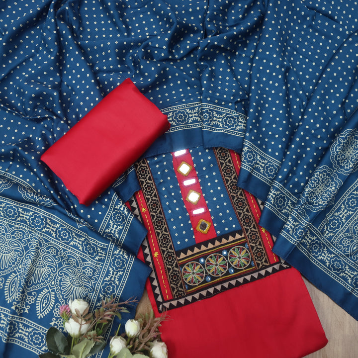 Farnaz Rani Pink Mirror with Embroidered Patch on Neck Glazed Cotton Suit Set