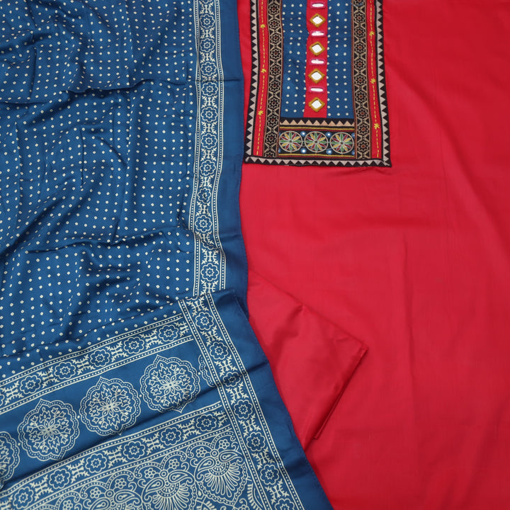 Farnaz Rani Pink Mirror with Embroidered Patch on Neck Glazed Cotton Suit Set
