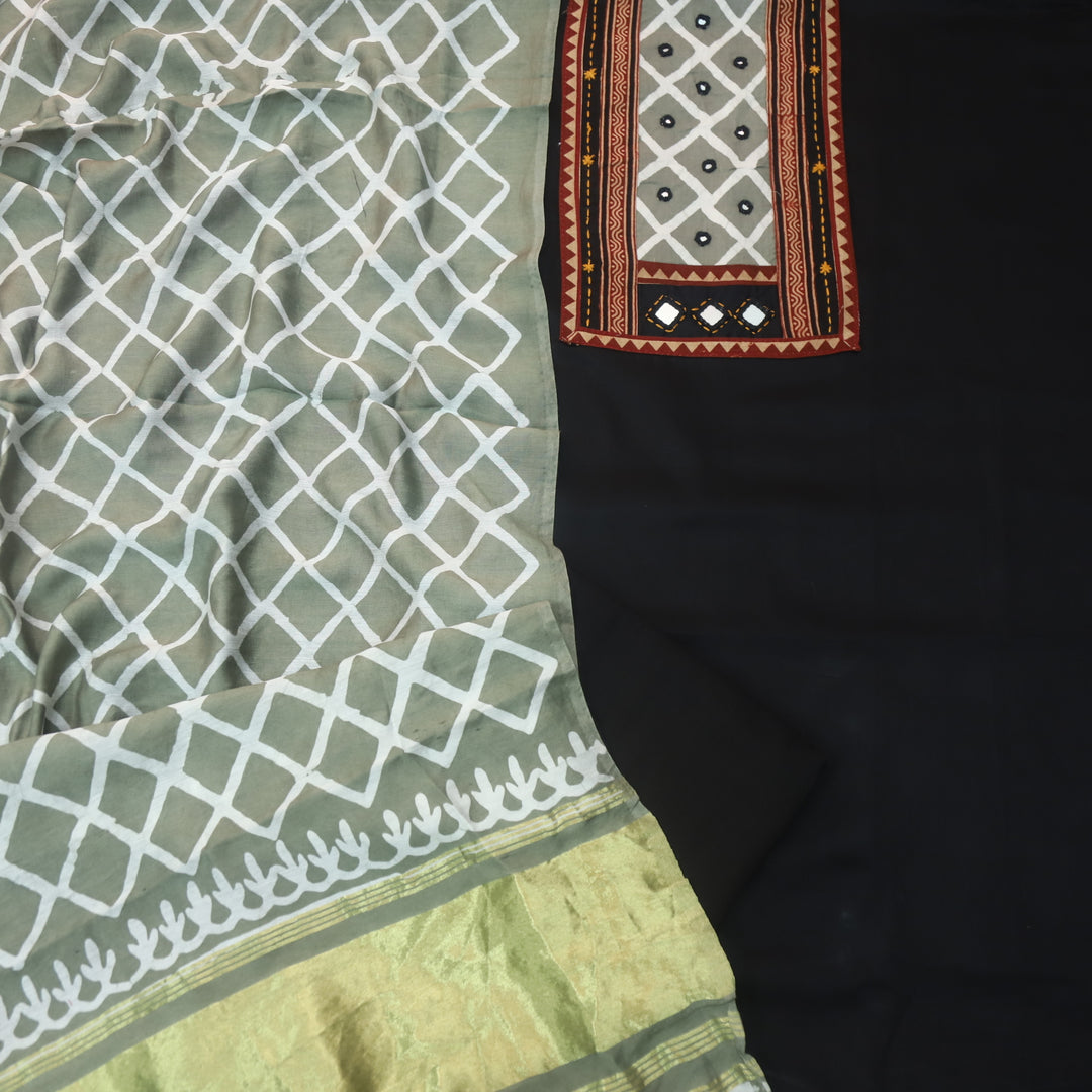Nigahein Ebony Black Printed Patch Neck with Mirror Work Jam Cotton Satin Suit Set