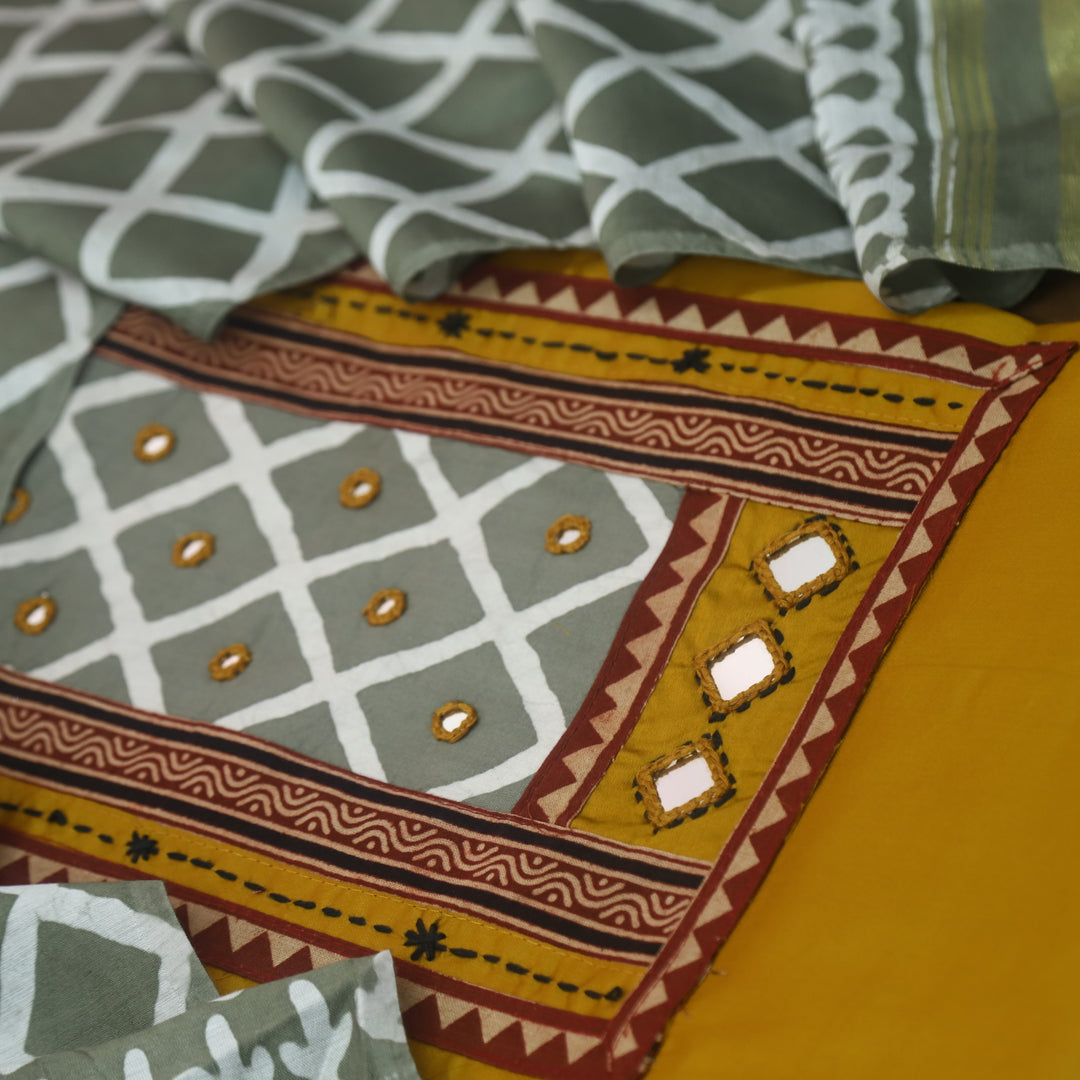 Nigahein Turmeric Yellow Printed Patch Neck with Mirror Work Jam Cotton Satin Suit Set
