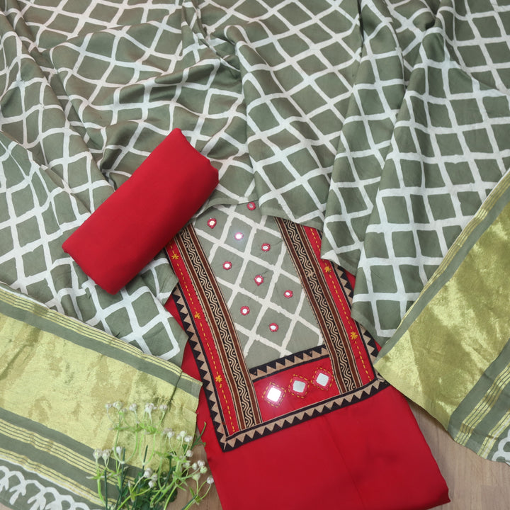 Nigahein Cherry Red Printed Patch Neck with Mirror Work Jam Cotton Satin Suit Set
