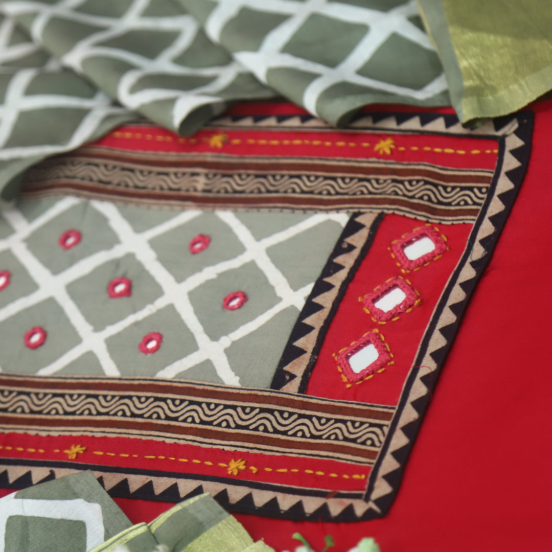 Nigahein Cherry Red Printed Patch Neck with Mirror Work Jam Cotton Satin Suit Set
