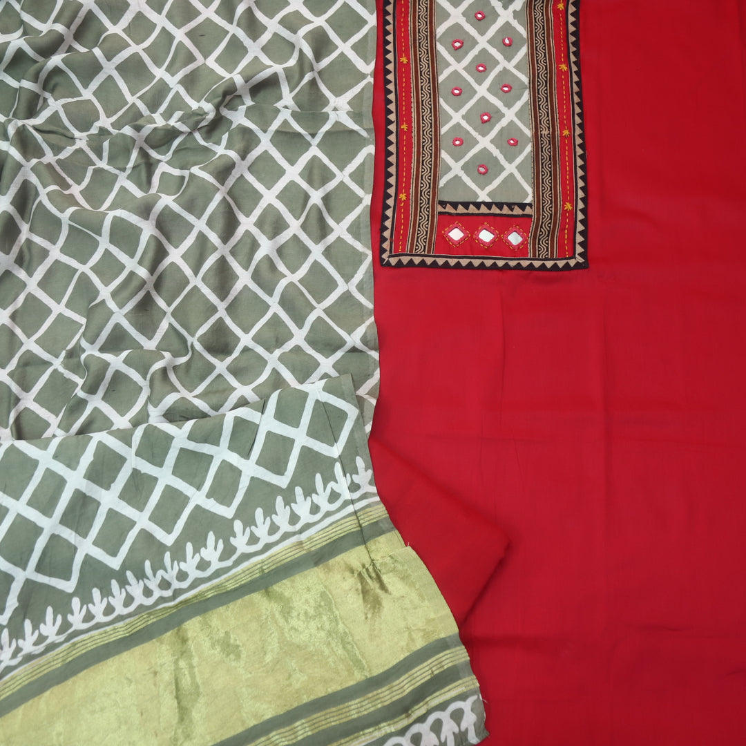 Nigahein Cherry Red Printed Patch Neck with Mirror Work Jam Cotton Satin Suit Set