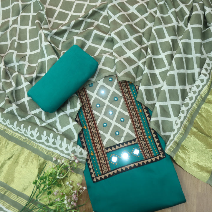 Nigahein Teal Blue Printed Patch Neck with Mirror Work Jam Cotton Satin Suit Set