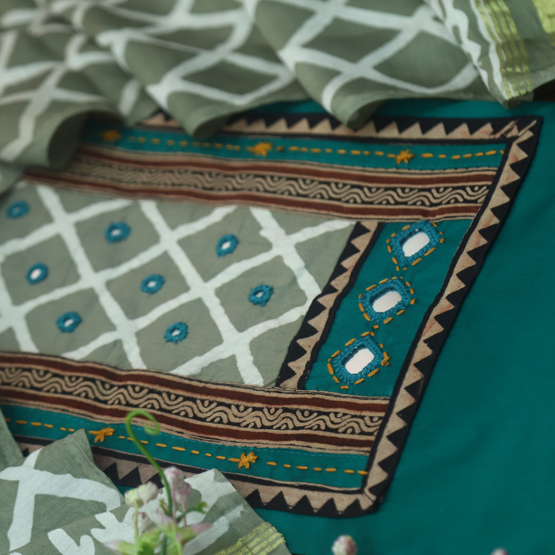 Nigahein Teal Blue Printed Patch Neck with Mirror Work Jam Cotton Satin Suit Set