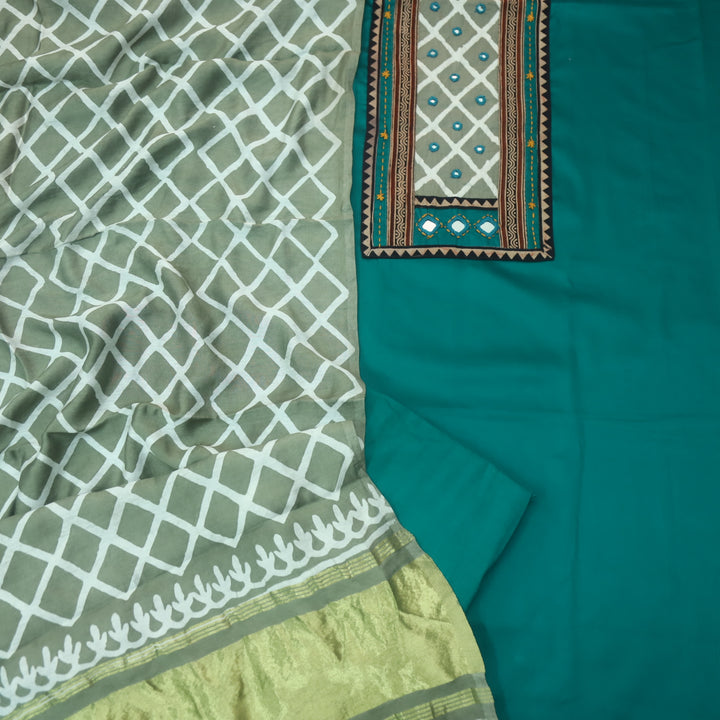 Nigahein Teal Blue Printed Patch Neck with Mirror Work Jam Cotton Satin Suit Set