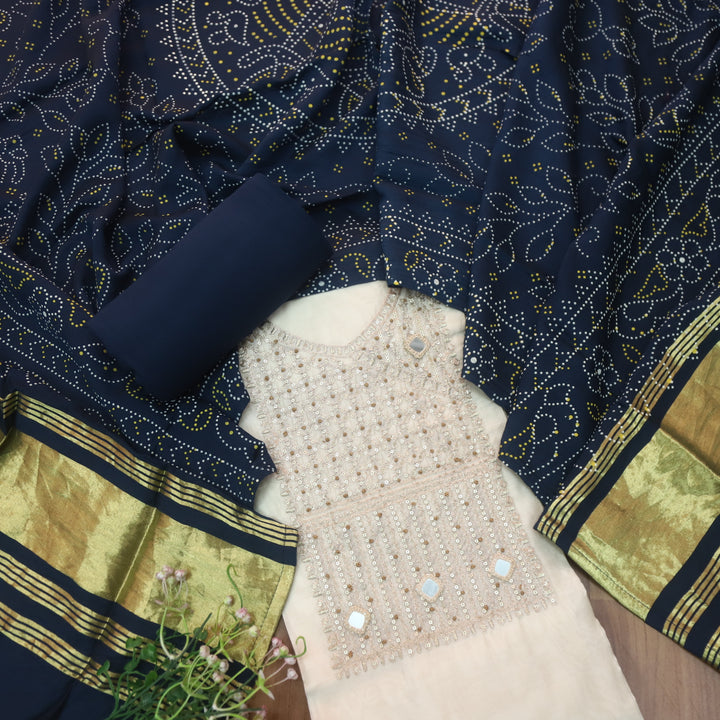 Sukoon Off-White Zari with Mirror Work Neck Chanderi and Blue Gajji Silk Dupatta-D2
