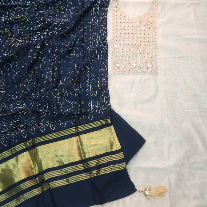 Sukoon Off-White Zari with Mirror Work Neck Chanderi and Blue Gajji Silk Dupatta-D2
