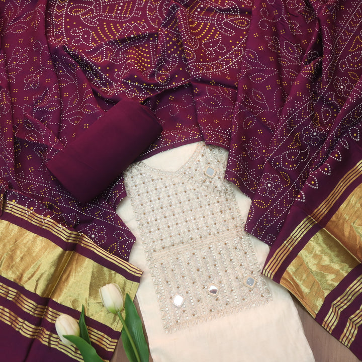 Sukoon Off-White Zari with Mirror Work Neck Chanderi and Purple Gajji Silk Dupatta-D2