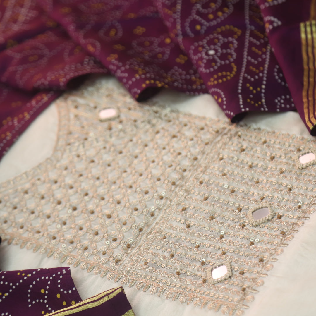 Sukoon Off-White Zari with Mirror Work Neck Chanderi and Purple Gajji Silk Dupatta-D2