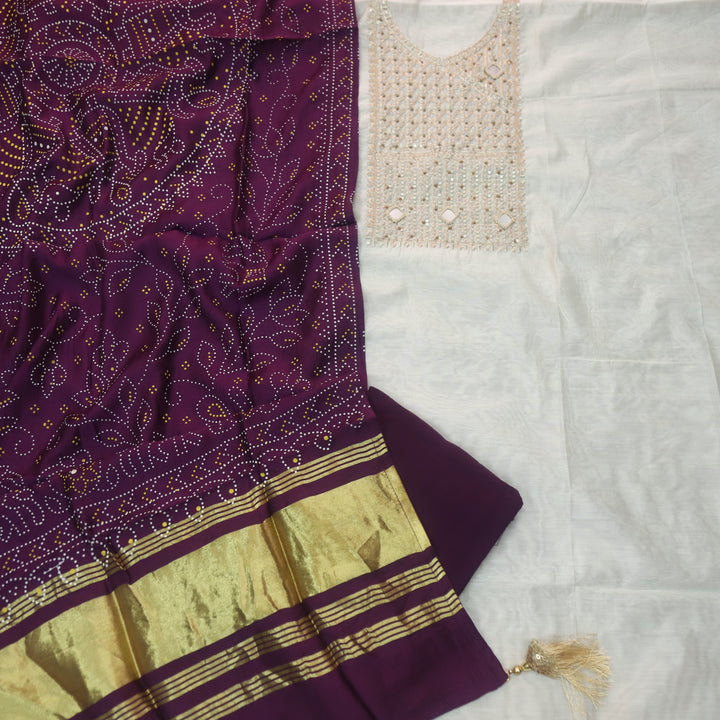 Sukoon Off-White Zari with Mirror Work Neck Chanderi and Purple Gajji Silk Dupatta-D2