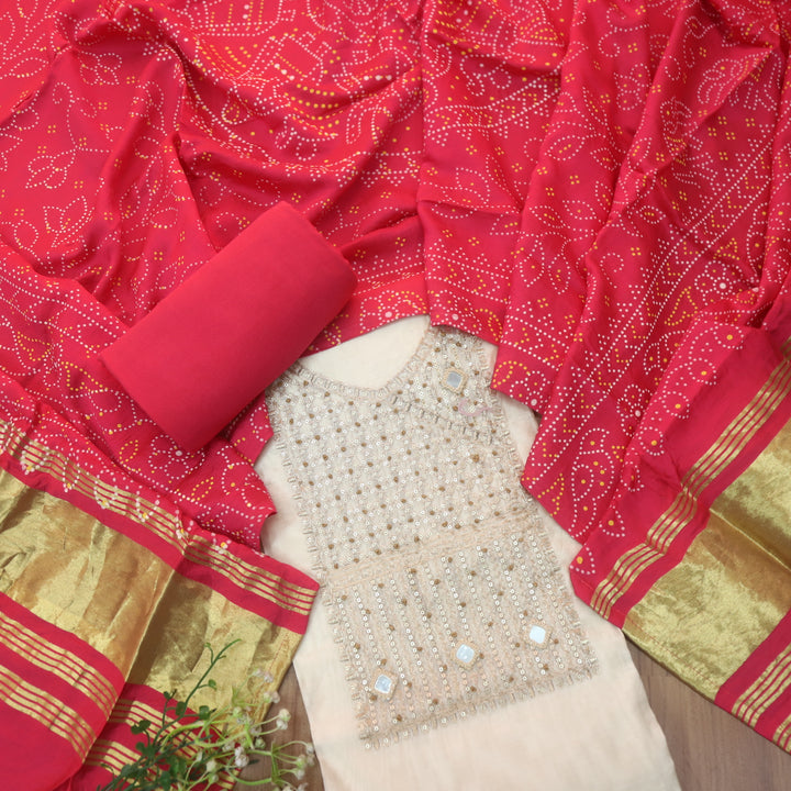 Sukoon Off-White Zari with Mirror Work Neck Chanderi and Pink Gajji Silk Dupatta-D2