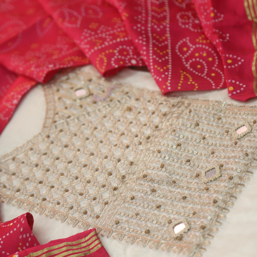 Sukoon Off-White Zari with Mirror Work Neck Chanderi and Pink Gajji Silk Dupatta-D2