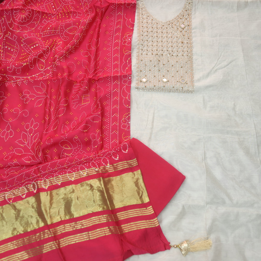 Sukoon Off-White Zari with Mirror Work Neck Chanderi and Pink Gajji Silk Dupatta-D2