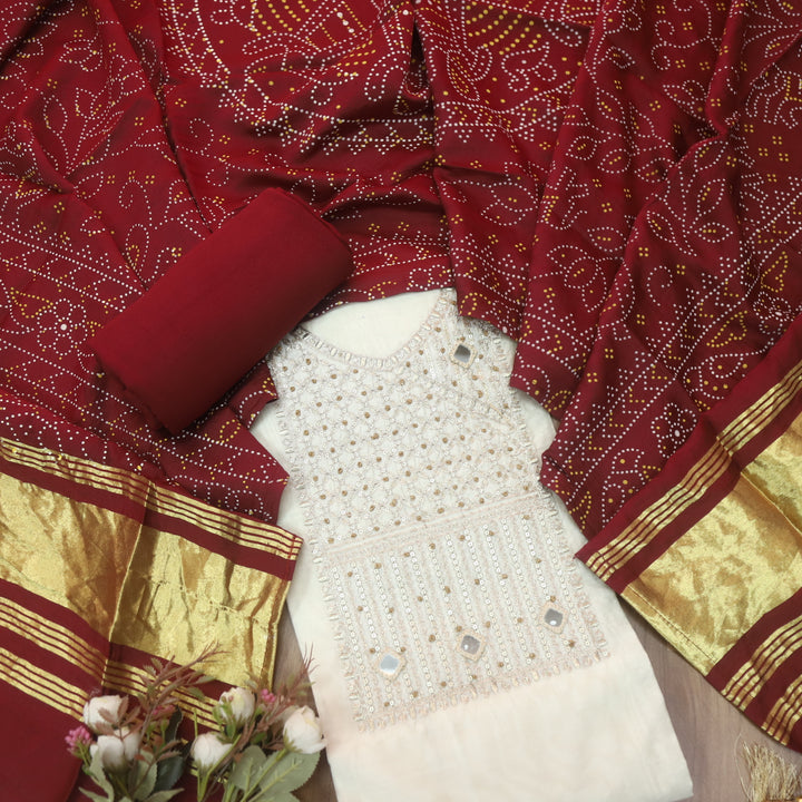 Sukoon Off-White Zari with Mirror Work Neck Chanderi and Maroon Gajji Silk Dupatta-D2