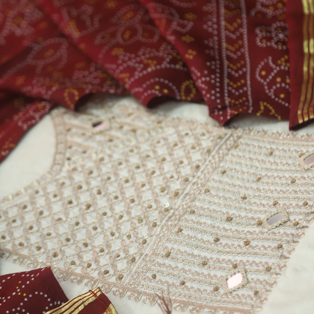 Sukoon Off-White Zari with Mirror Work Neck Chanderi and Maroon Gajji Silk Dupatta-D2