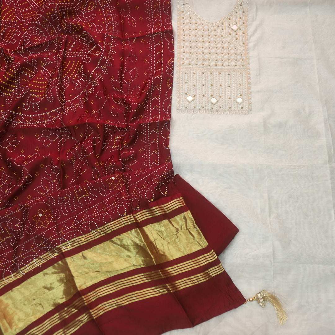 Sukoon Off-White Zari with Mirror Work Neck Chanderi and Maroon Gajji Silk Dupatta-D2