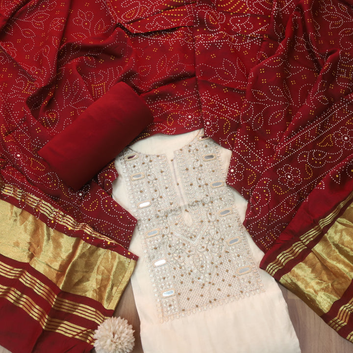 Sukoon Off-White Zari with Mirror Work Neck Chanderi and Maroon Gajji Silk Dupatta-D1