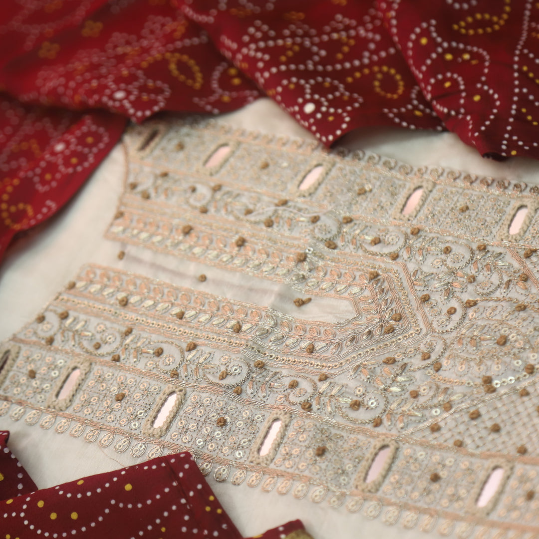 Sukoon Off-White Zari with Mirror Work Neck Chanderi and Maroon Gajji Silk Dupatta-D1
