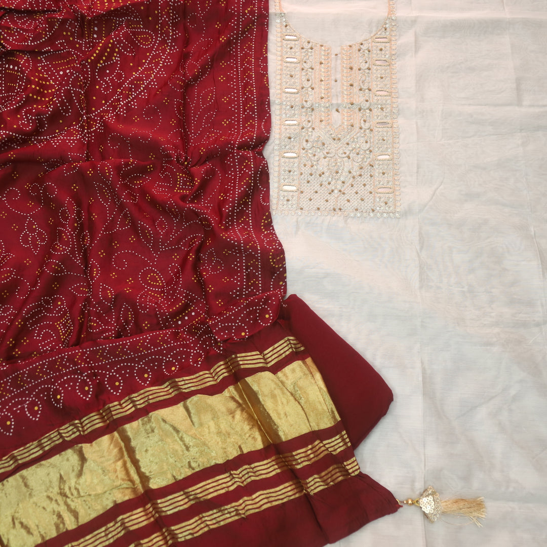 Sukoon Off-White Zari with Mirror Work Neck Chanderi and Maroon Gajji Silk Dupatta-D1