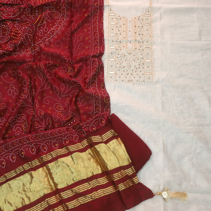 Sukoon Off-White Zari with Mirror Work Neck Chanderi and Maroon Gajji Silk Dupatta-D1