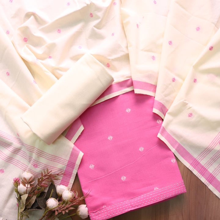 Wamiqa Barbie Pink All Over Thread Weaved Buti Work Cotton Suit Set