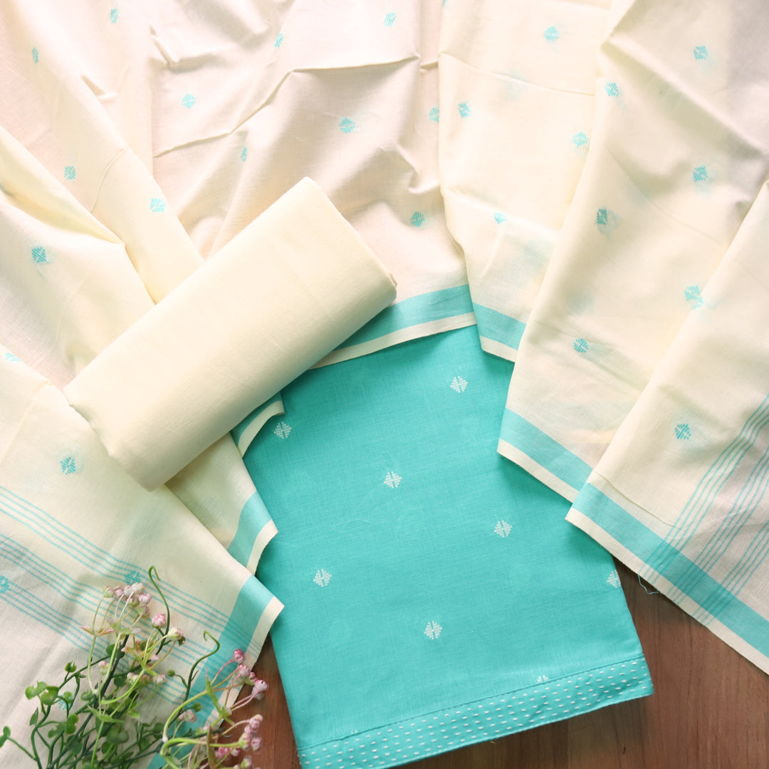 Wamiqa Aqua Cyan Blue All Over Thread Weaved Buti Work Cotton Suit Set