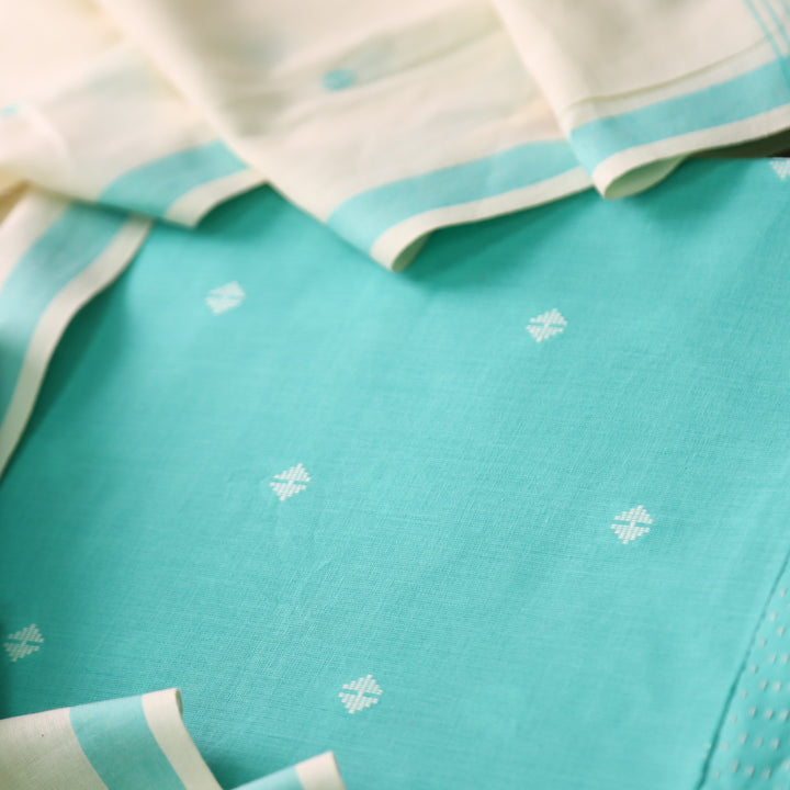 Wamiqa Aqua Cyan Blue All Over Thread Weaved Buti Work Cotton Suit Set