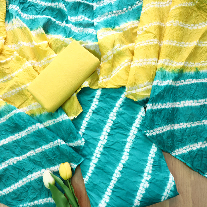 Leher Aqua Teal All Over Leheriya Printed in Authentic Bandhej Cotton Satin Suit Set