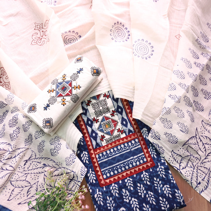 Roopsakhi Indigo Blue Patch with Kutch Work Dabu Printed Kutch Cotton Suit Set D1