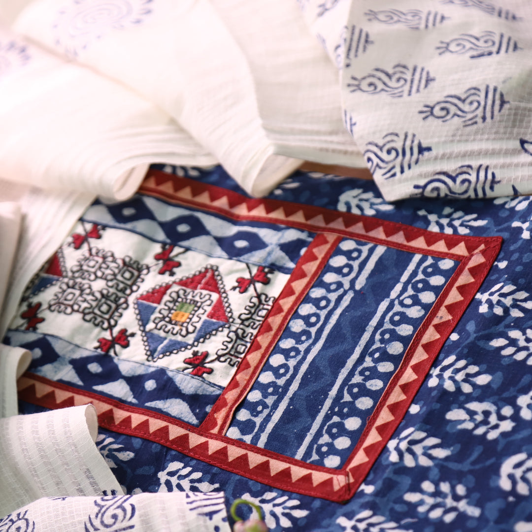 Roopsakhi Indigo Blue Patch with Kutch Work Dabu Printed Kutch Cotton Suit Set D1