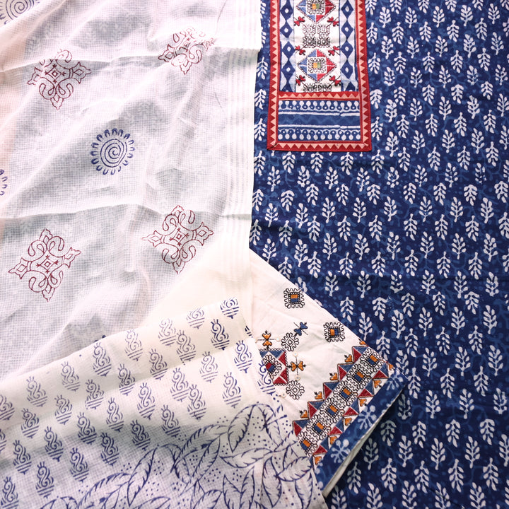 Roopsakhi Indigo Blue Patch with Kutch Work Dabu Printed Kutch Cotton Suit Set D1