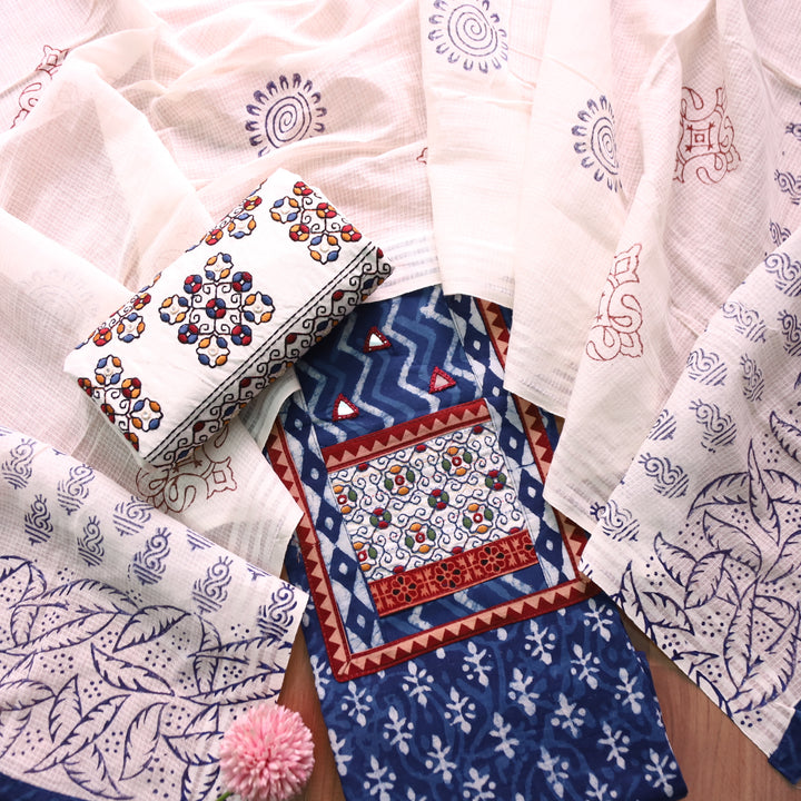 Roopsakhi Indigo Blue Patch with Kutch Work Dabu Printed Kutch Cotton Suit Set D2