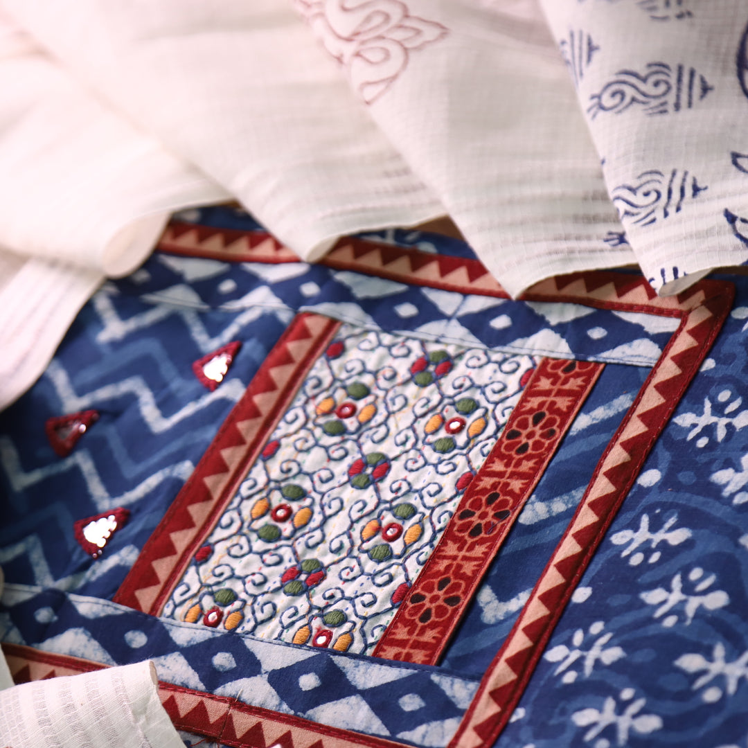 Roopsakhi Indigo Blue Patch with Kutch Work Dabu Printed Kutch Cotton Suit Set D2