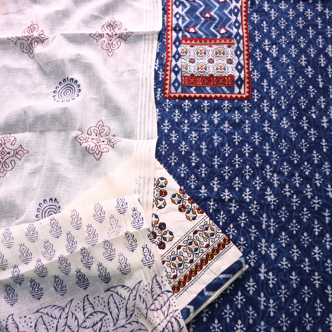 Roopsakhi Indigo Blue Patch with Kutch Work Dabu Printed Kutch Cotton Suit Set D2