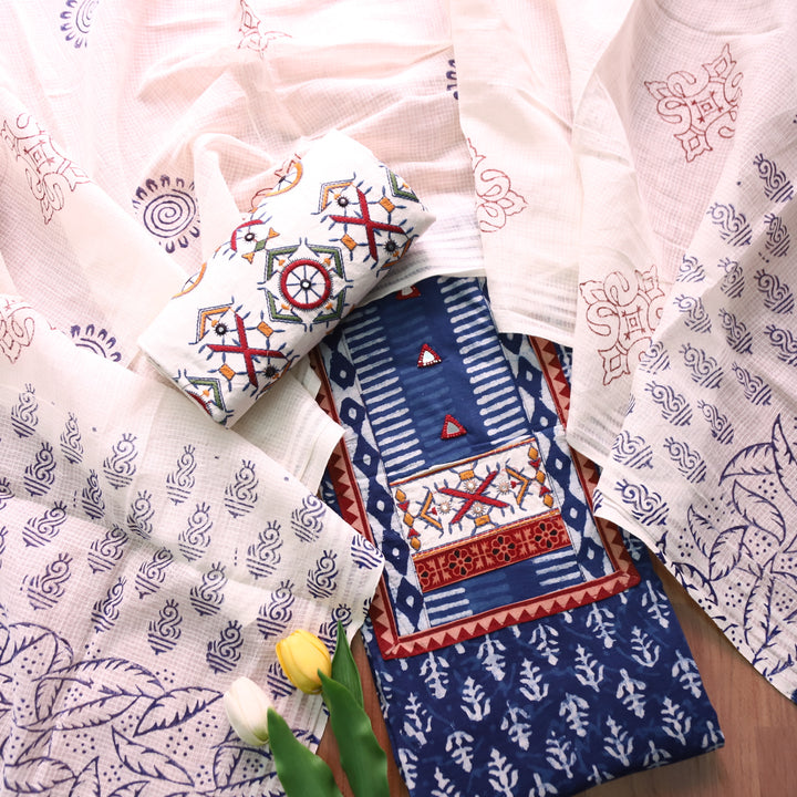 Roopsakhi Indigo Blue Patch with Kutch Work Dabu Printed Kutch Cotton Suit Set D3