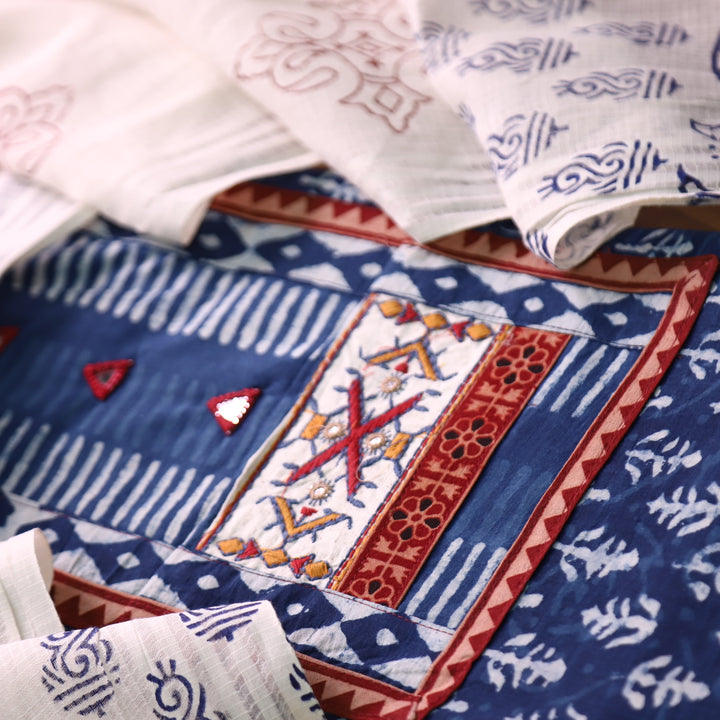 Roopsakhi Indigo Blue Patch with Kutch Work Dabu Printed Kutch Cotton Suit Set D3