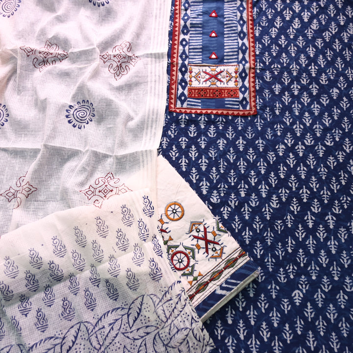 Roopsakhi Indigo Blue Patch with Kutch Work Dabu Printed Kutch Cotton Suit Set D3