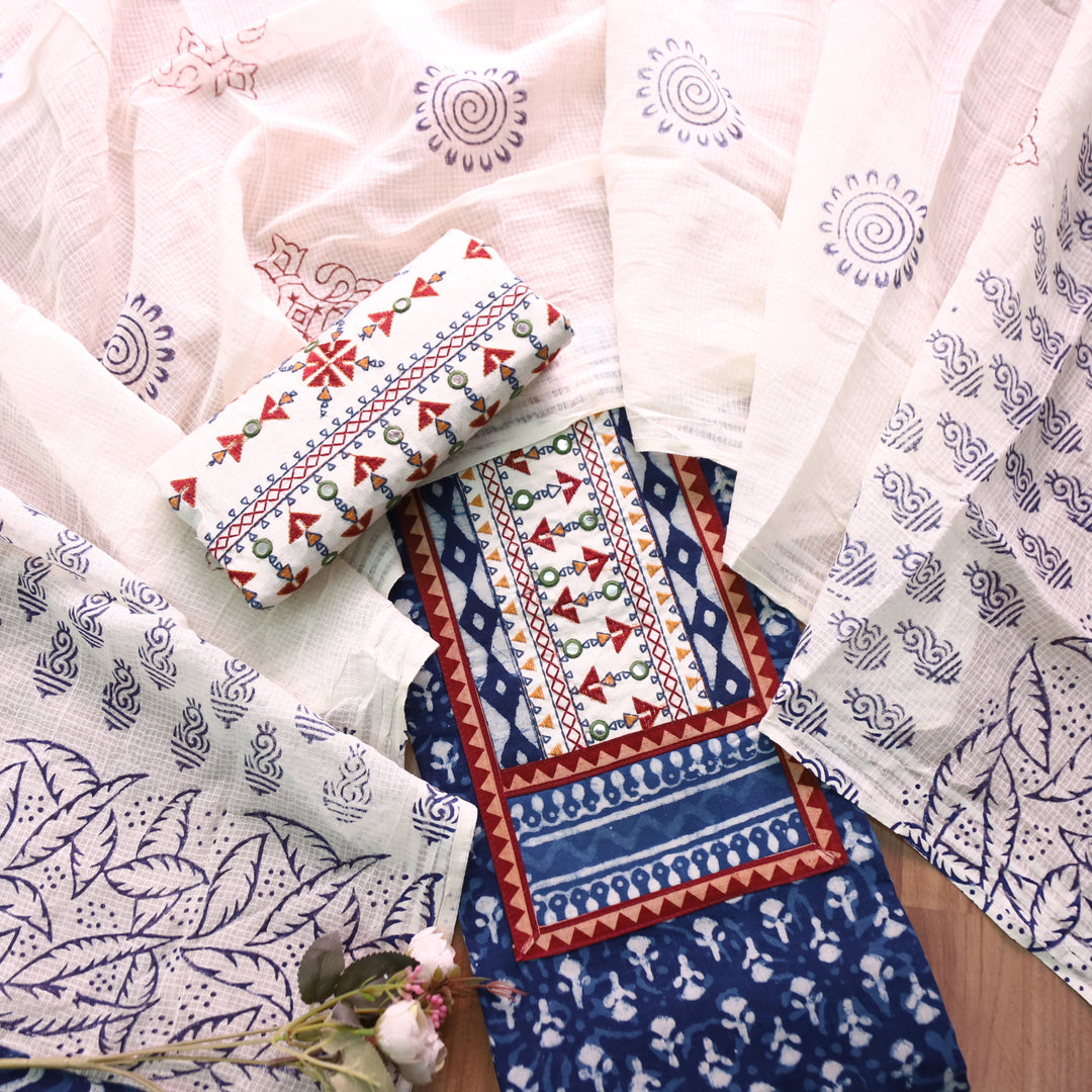 Roopsakhi Indigo Blue Patch with Kutch Work Dabu Printed Kutch Cotton Suit Set D4