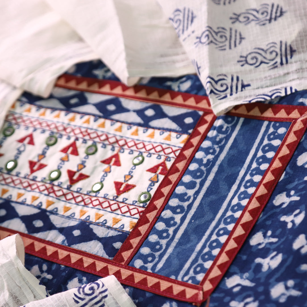 Roopsakhi Indigo Blue Patch with Kutch Work Dabu Printed Kutch Cotton Suit Set D4