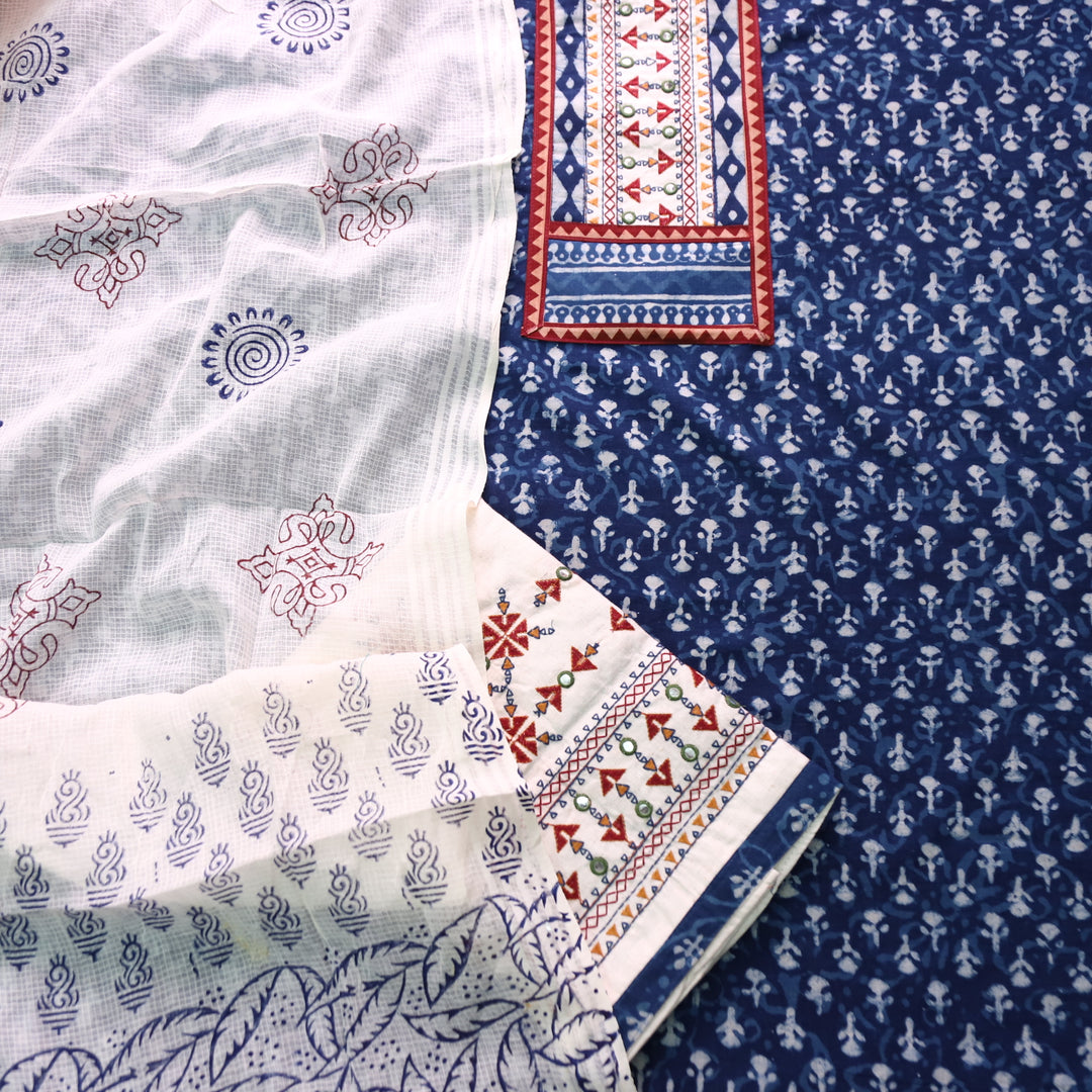 Roopsakhi Indigo Blue Patch with Kutch Work Dabu Printed Kutch Cotton Suit Set D4
